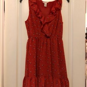 Orange-red tank dress w/ flowers and ruffle detail